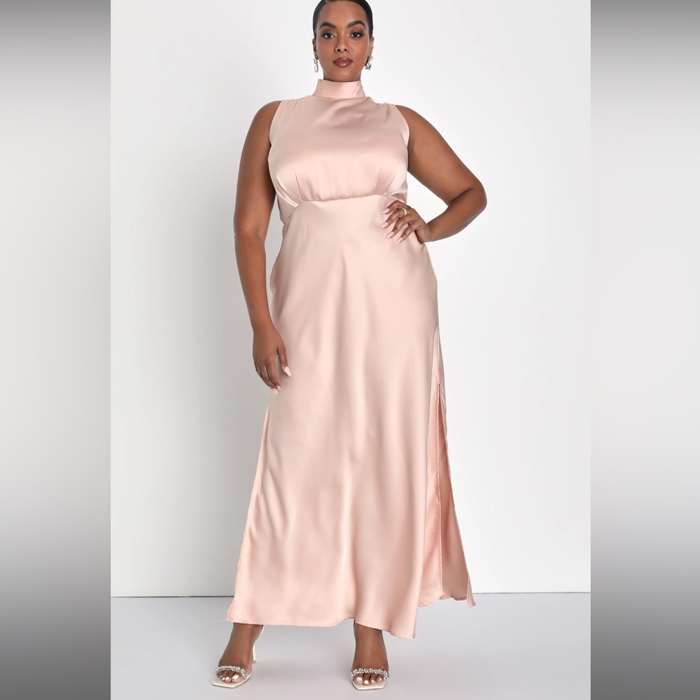 Classic Elegance Blush Satin Sleeveless Mock Neck Maxi Dress - Picture 3 of 6